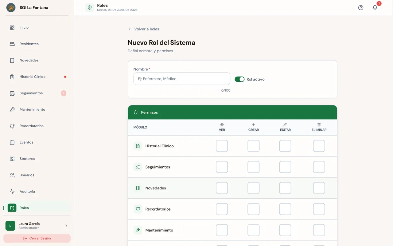Pantalla de permisos por rol del sistema de La Fontana: una fila por módulo y columnas para ver, crear, editar y eliminar